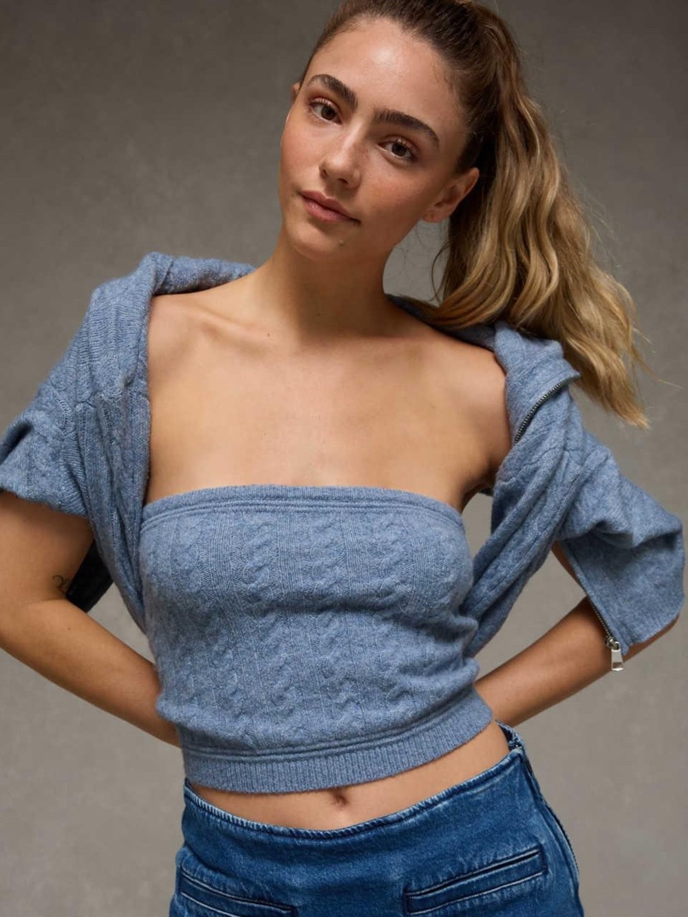 American Eagle Whoa So Soft Dusty Blue Knit Strapless Tube Sweater